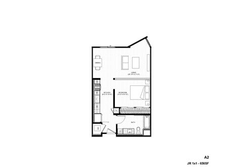 Floor plan for 1 bed, 1 bath, 647 sqft